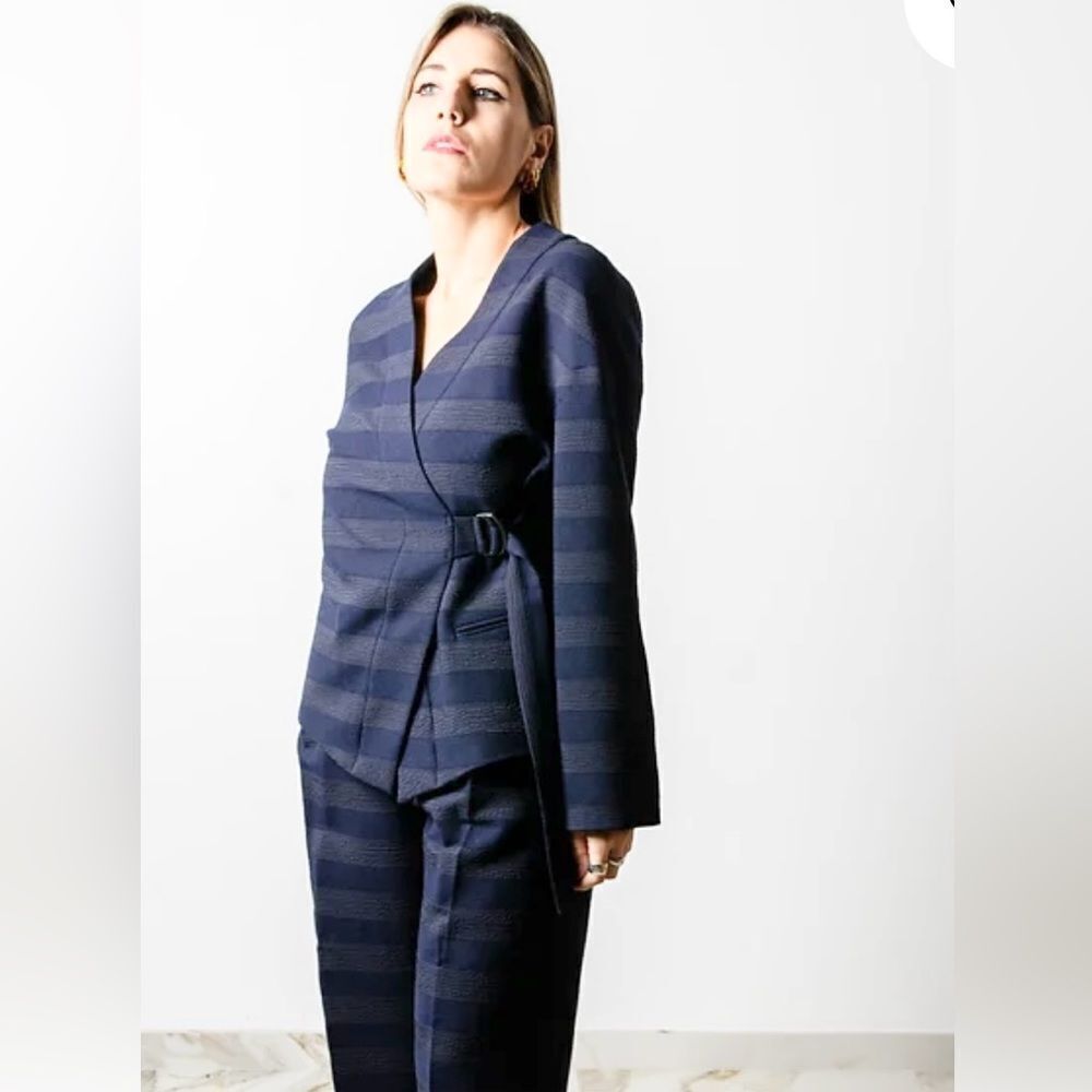 MaxMara Max & Co Blue Gray Stripes Buckle Tie Wrap-Neck Blouse Jacket Blazer 6